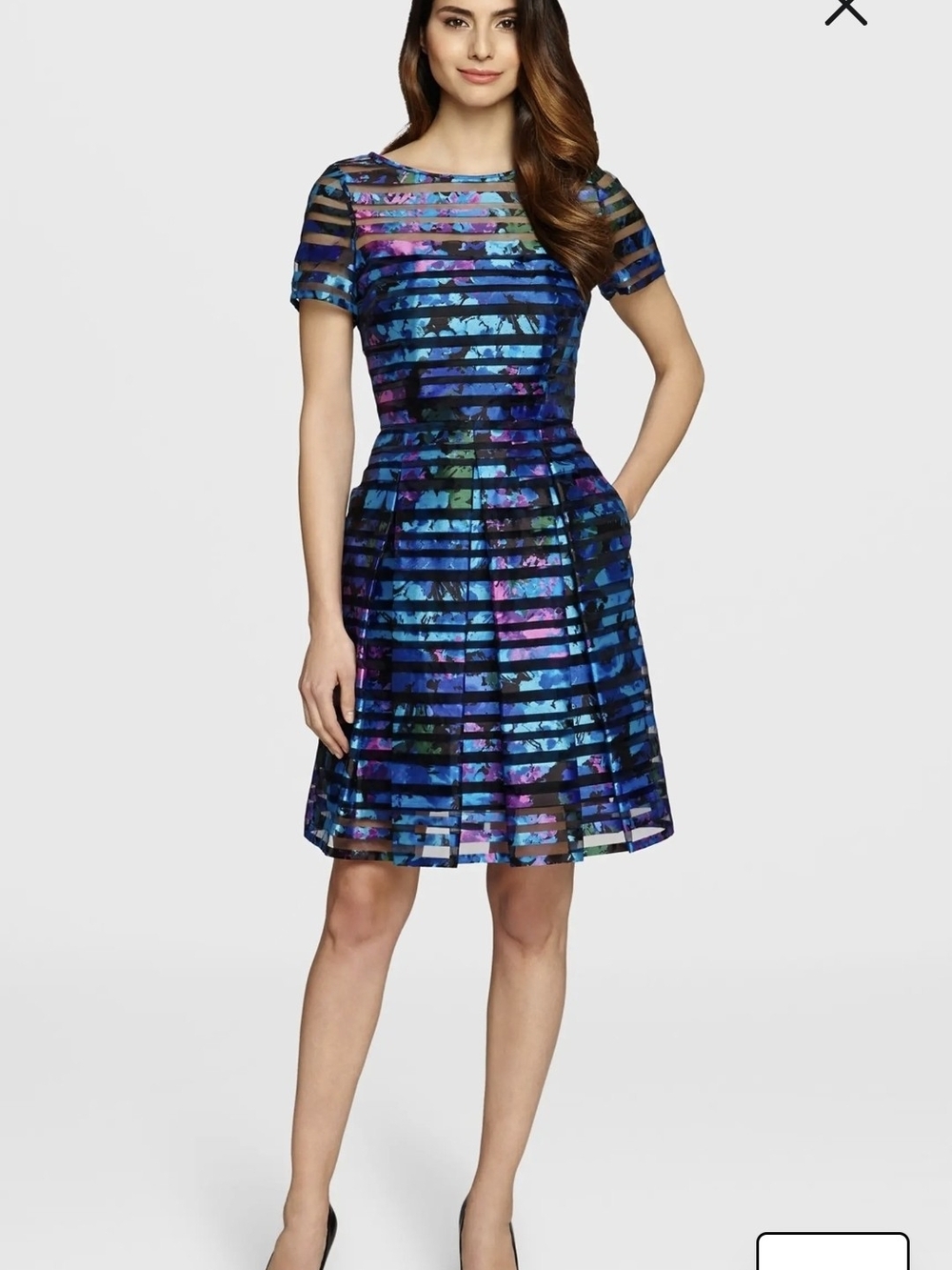 Tahari ASL Blue Multi-Color Striped Floral Burnout Fit & Flare Dress Size 6